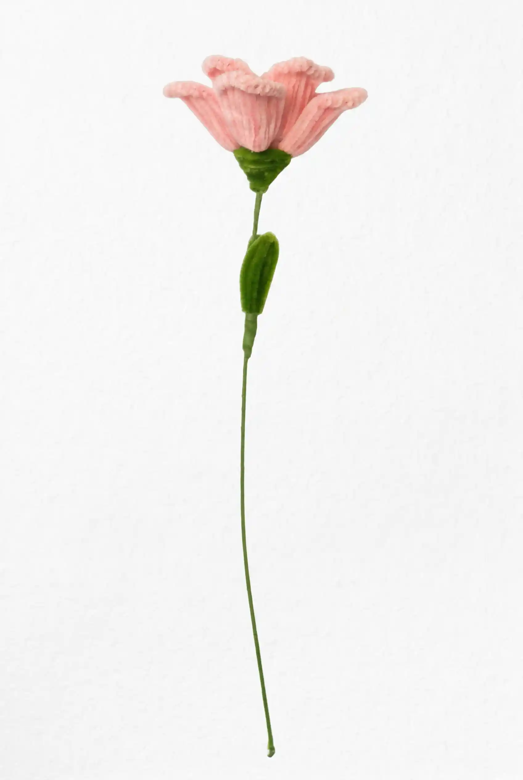 Full stem view of a finished artisan-made Glint Garden pink Lisianthus soft sculpture bloom