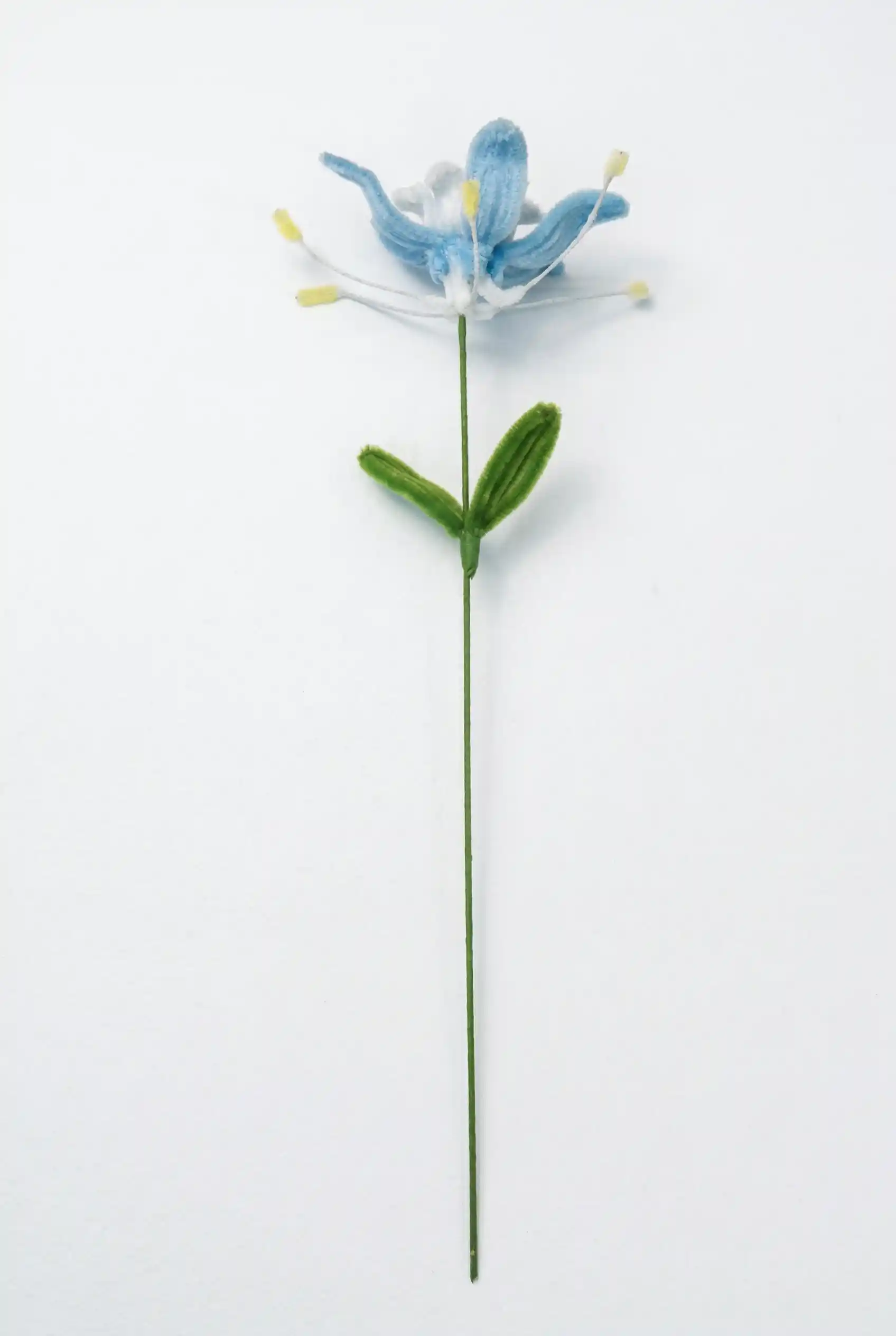 Side view of a finished artisan-made blue Tweedia flower with dynamic long yellow-tipped stamens.