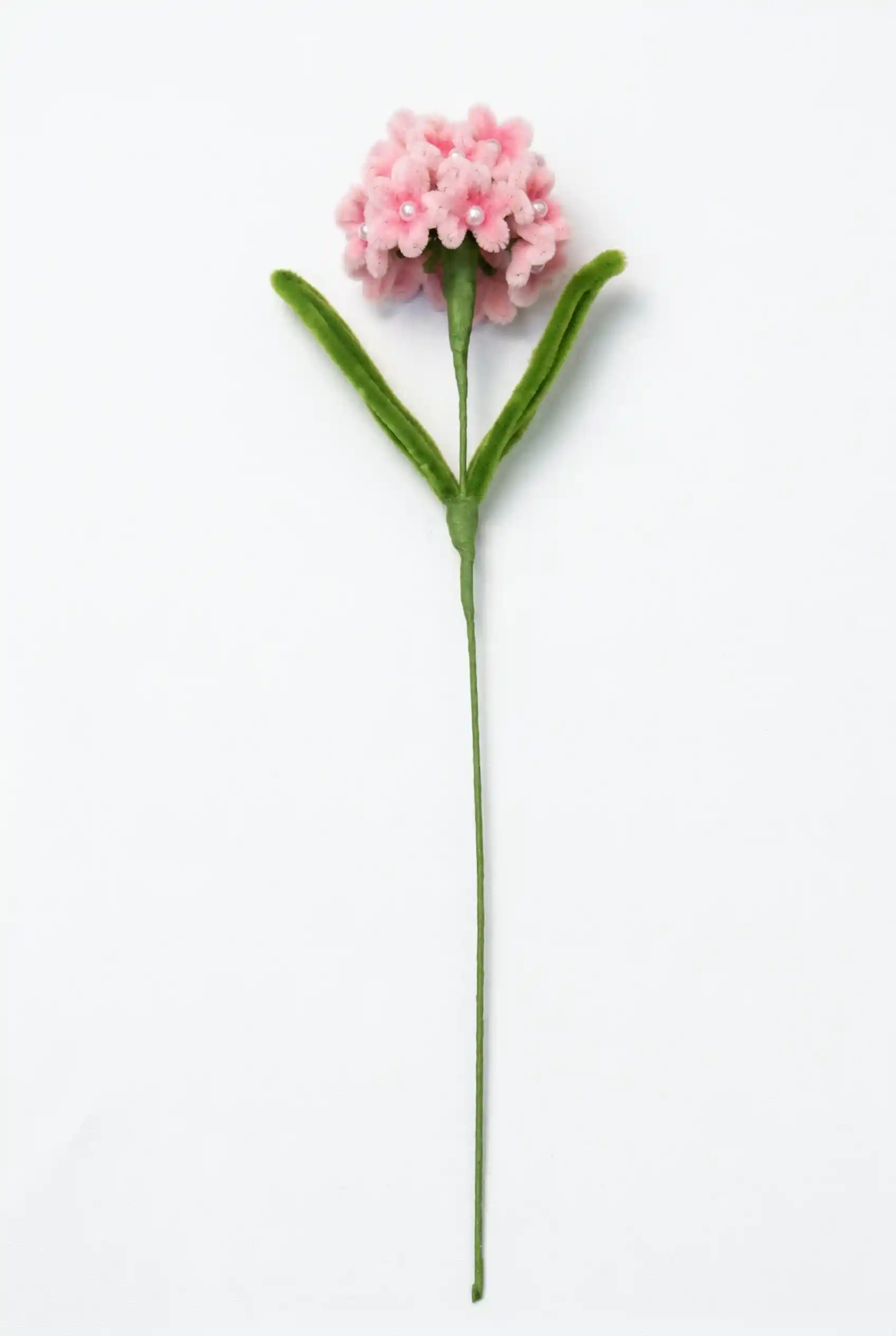 Full stem view of a finished artisan-made pink and purple gradient hydrangea soft sculpture by Glint Garden.