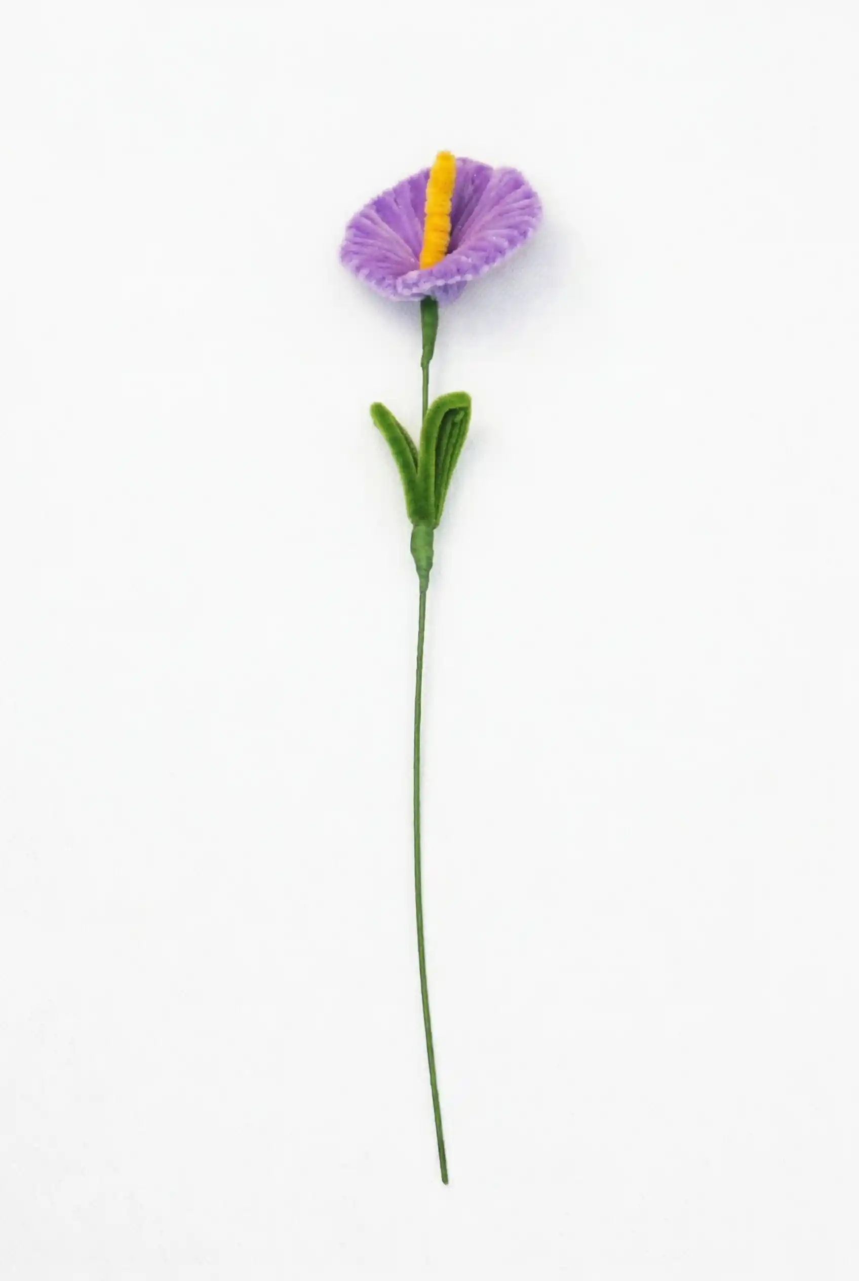 Full stem view of a finished handmade purple Anthurium (Flamingo Lily) soft sculpture by Glint Garden.