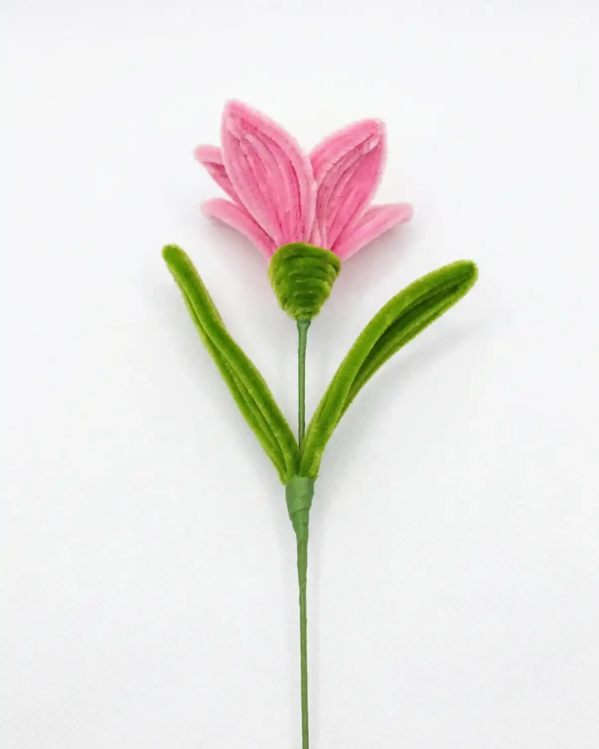 A finished pink Alstroemeria (Peruvian Lily) handmade soft sculpture by Glint Garden.