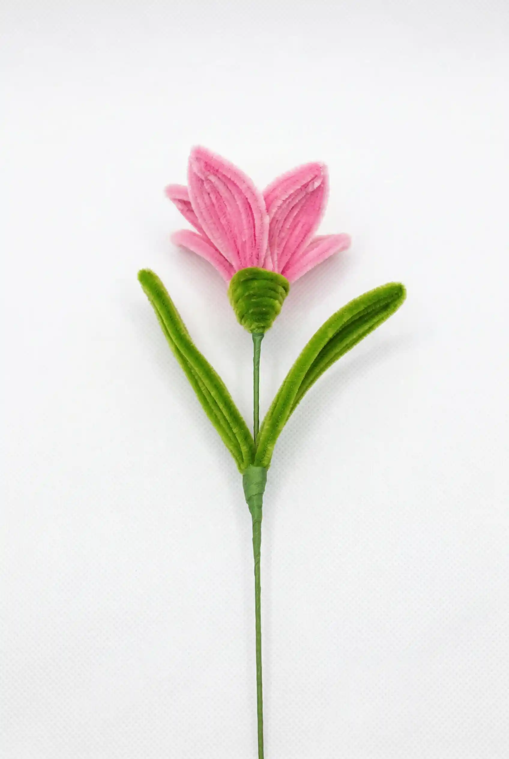 A finished pink Alstroemeria (Peruvian Lily) handmade soft sculpture by Glint Garden.