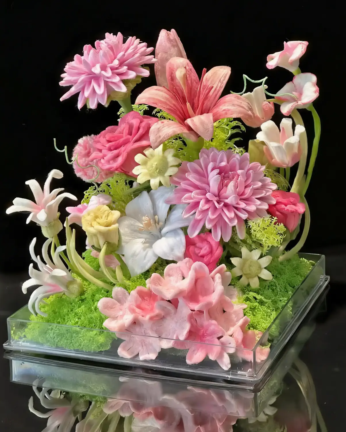 A lush, bespoke arrangement of hand-sculpted chenille flowers featuring lilies, dahlias, and roses in a clear display base.