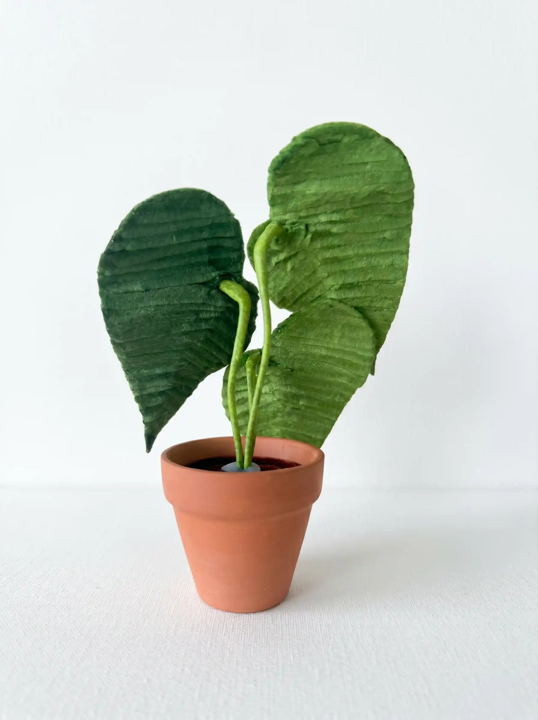 Back view of the handmade pipe cleaner Begonia plant, showing detailed green leaf structure.