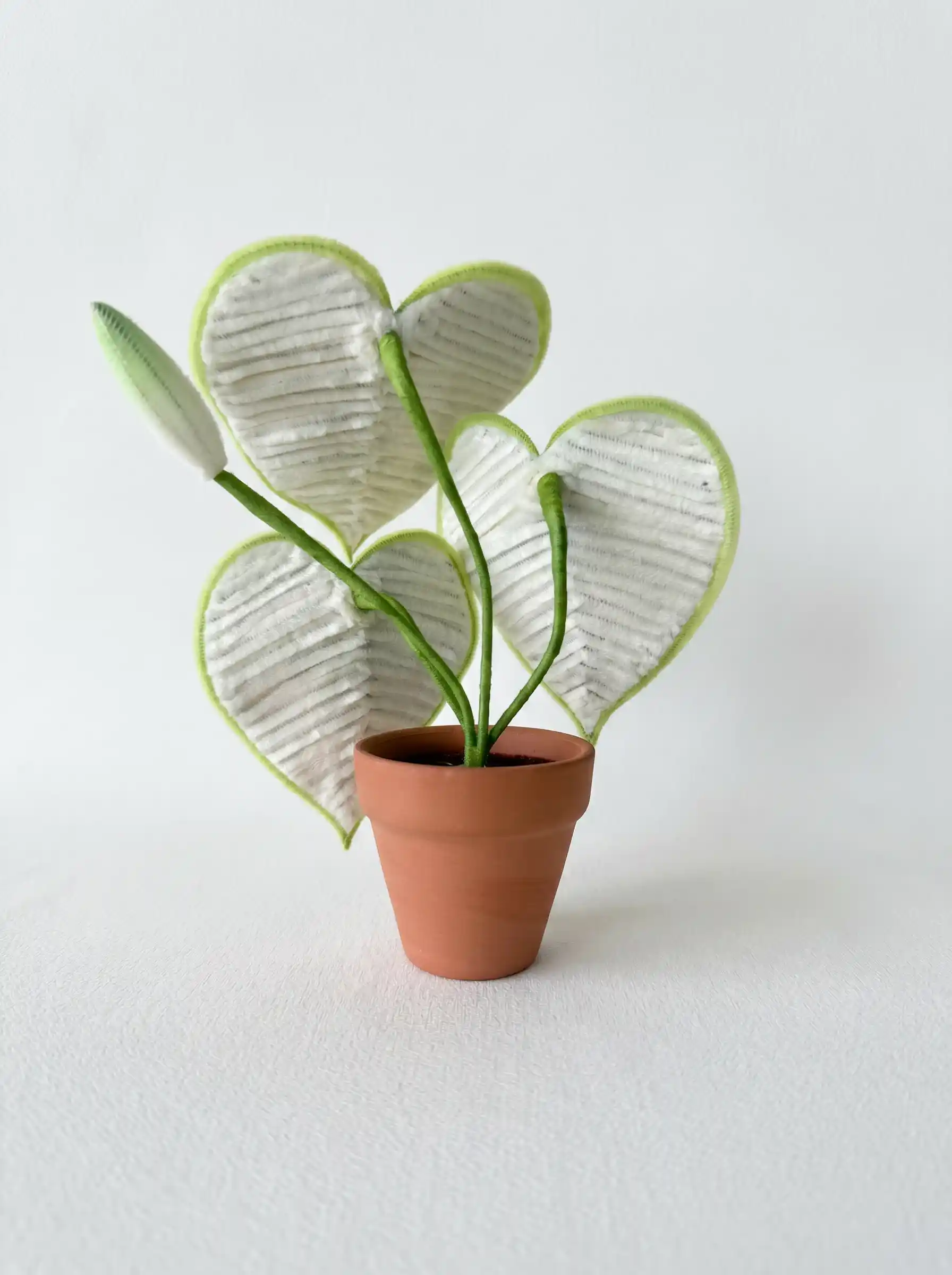 Back view of the handmade pipe cleaner Caladium, showing detailed leaf veins and green stem structure.