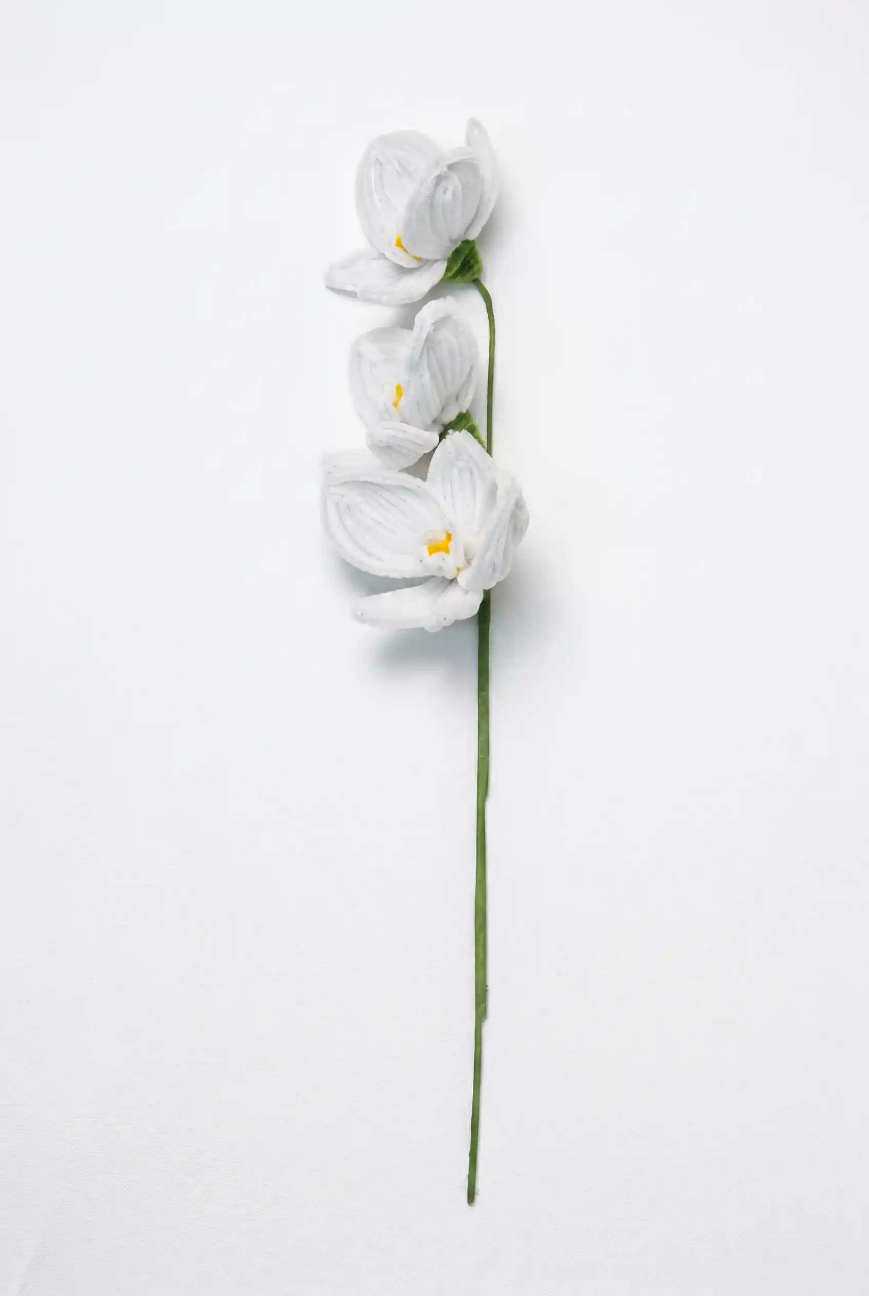 Full stem view of a finished handcrafted white orchid, a perfect everlasting floral piece for modern home decor.